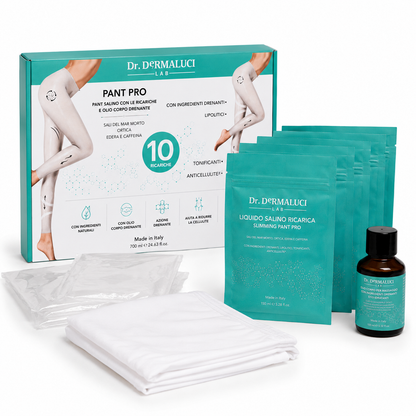 Dermaluci Lab Slimming Pant Pro 5+5 complete saline treatment kit with reusable treatment pant, saline refill sachets, protective covers and firming body oil
