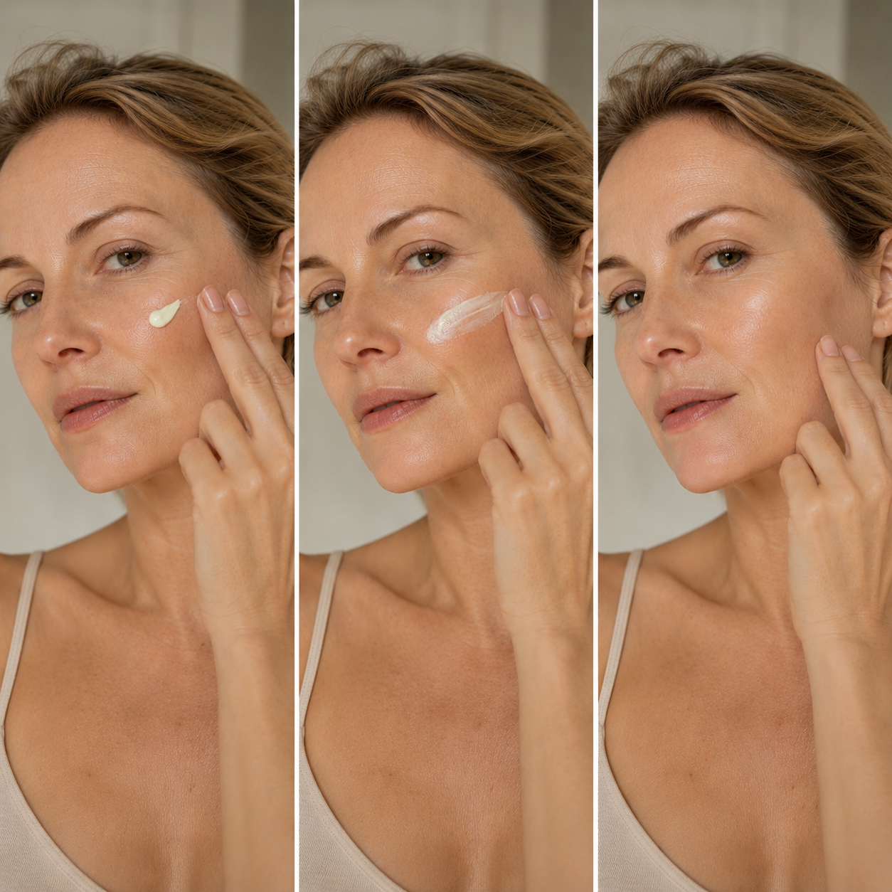 Three-step application of SPF 50 face sunscreen showing its lightweight invisible finish
