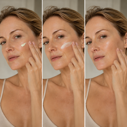 Three-step application of SPF 50 face sunscreen showing its lightweight invisible finish