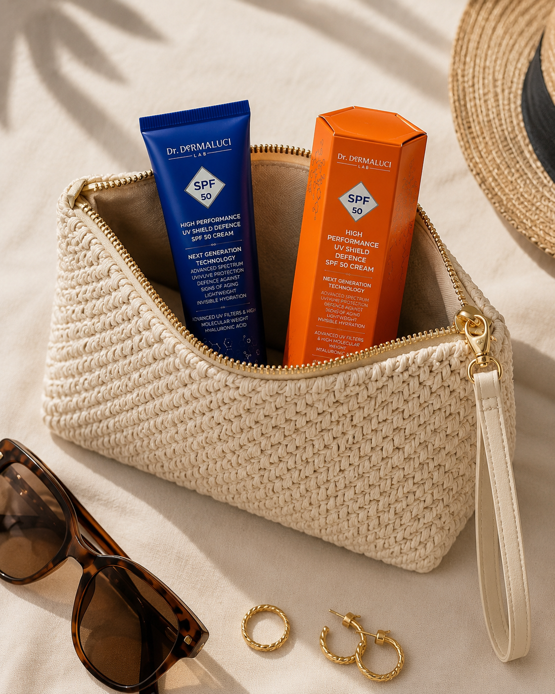 UV Shield SPF 50 Face Sunscreen and packaging inside a summer beach bag