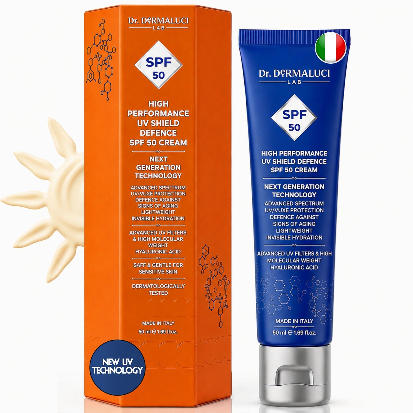 Dr. Dermaluci Lab SPF 50 cream packaging and tube on a white background